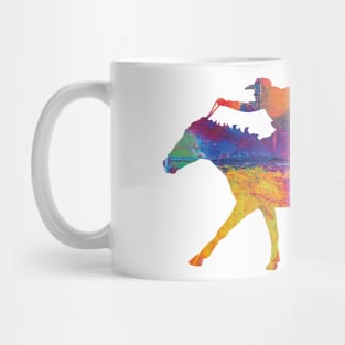 Cowgirl Riding a Running Horse with Rainbow Background Mug